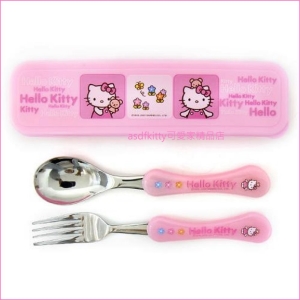 asdfkitty可愛家☆KITTY粉4雲朵膠柄不鏽鋼湯匙+叉子+雙熊收納盒-韓國製