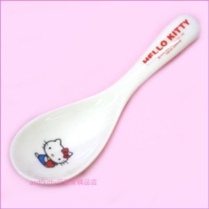 asdfkitty可愛家☆日本金正陶器 KITTY 抱蘋果陶瓷湯匙-337526-日本製