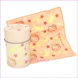 asdfkitty可愛家☆KITTY粉橘色鐵皮空罐+小方巾-收納罐/茶葉罐/擺飾/禮物罐-日本製