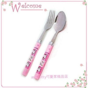 asdfkitty可愛家☆KITTY粉八角圓膠柄不鏽鋼湯匙+叉子-韓國製