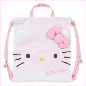 asdfkitty可愛家☆KITTY粉色大臉立體耳朵口後背包/束口袋/手提袋-野餐郊遊-輕量無負擔-日本正版商品