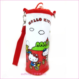 asdfkitty可愛家☆KITTY騎腳踏車保冷水壺袋/水壺套-附背帶-可斜背-不滴水-日本正版商品