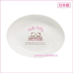 asdfkitty可愛家☆日本金正陶器 KITTY野餐-長橢圓陶瓷盤/咖哩盤-30906-可微波-日本製
