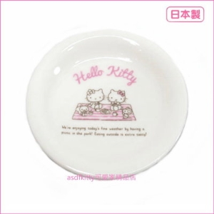 asdfkitty可愛家☆日本金正陶器 KITTY野餐-陶瓷醬料碟/小碟子/點心皿/茶包盤-30904-可微波-日本製