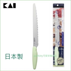 asdfkitty*特價 日本製 貝印 綠柄三段波紋麵包刀/冷凍刀-切麵包.壽司卷.肉類.水果-好切不拖刀-高碳鋼