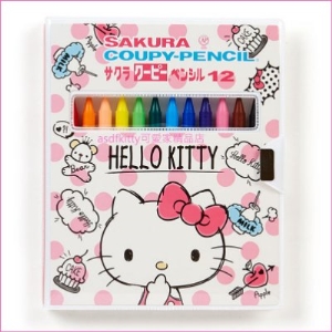 asdfkitty可愛家☆KITTY粉水玉12色蠟鉛筆組-含削筆器.橡皮擦.收納盒-日本製