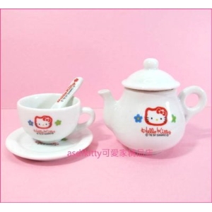 asdfkitty可愛家☆kitty早期小花版陶瓷小擺飾-杯+壺+盤+湯匙-1997年出品絕版商品-日本製