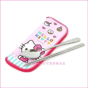 asdfkitty可愛家☆KITTY粉水玉304不鏽鋼湯匙+筷子+防水餐具袋-韓國製