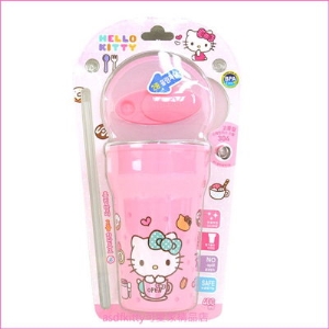 asdfkitty可愛家☆KITTY粉水玉有蓋304不鏽鋼吸管杯400ml-當學習杯-韓國製