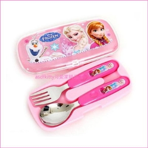 asdfkitty可愛家☆迪士尼冰雪奇緣膠柄不鏽鋼方型兒童餐具組-內含餐具盒+湯匙+叉子-韓國製