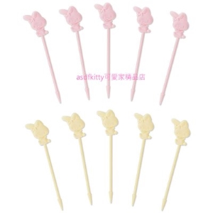 asdfkitty可愛家☆美樂蒂黃粉色食物叉/三明治叉/宴會點心叉/水果叉-裝飾便當-日本製