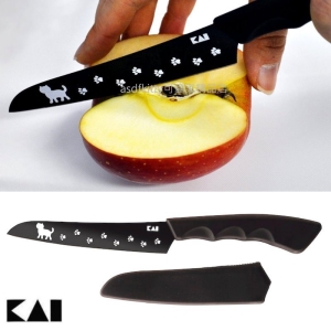 asdfkitty可愛家☆貝印 黑色貓咪不鏽鋼水果刀附刀套 DH-2722-日本正版商品