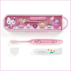 asdfkitty可愛家☆KITTY泰迪熊兒童牙刷 牙膏 收納盒 旅行用隨身組-日本製