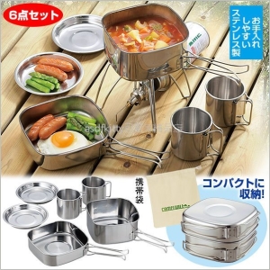 asdfkitty可愛家☆不鏽鋼露營餐具6件組(方型煮鍋.方型煎鍋.盤子.杯子)-附收納袋-日本正版商品