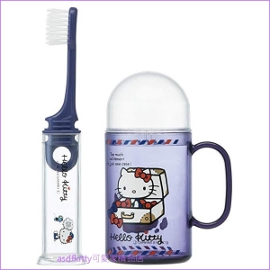 asdfkitty可愛家☆KITTY藍紫色兒童牙刷漱口杯隨身組-日本正版商品