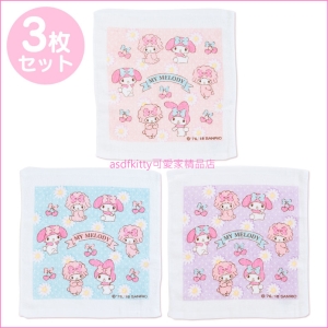 asdfkitty可愛家☆美樂蒂粉藍紫花朵3入小毛巾/手帕-100%純棉-29*32公分-日本正版商品