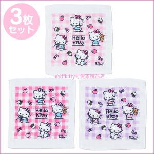 asdfkitty可愛家☆KITTY桃粉紫格子3入小毛巾/手帕-100%純棉-29*32公分-日本正版商品