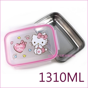 asdfkitty可愛家☆KITTY粉愛心不鏽鋼長方型-1310ML 樂扣型保鮮盒/便當盒/快速解凍盒-韓國製