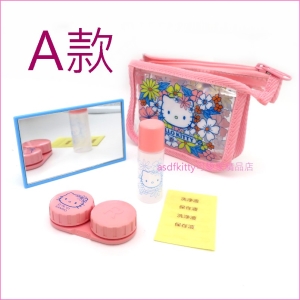 asdfkitty可愛家☆2001年絕版商品-KITTY隱形眼鏡收納空罐+鏡子組-A款-附收納袋-日本製