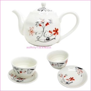 asdfkitty可愛家☆日本金正陶器 KITTY紅色亞洲風陶瓷泡茶壺1個+杯盤組2組-日本製