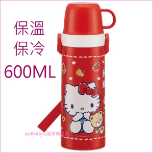 asdfkitty可愛家☆KITTY紅色泰迪熊餅乾超輕量不鏽鋼保溫保冷水壺/保溫瓶-附背帶-600ML-STGC6N-日