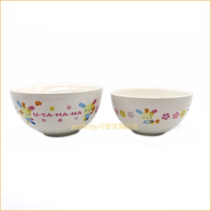 asdfkitty可愛家☆U-SA-HA-NA小花兔陶瓷碗2入-1大1小-飯碗/湯碗/點心碗-2005年絕版商品-日本製