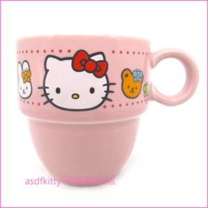 asdfkitty可愛家☆瑕疵出清(有小裂縫)-KITTY好朋友粉紅色陶瓷馬克杯-2000年出品-日本正版商品