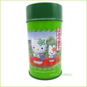 asdfkitty可愛家☆二手商品出清-KITTY綠色圓型鐵皮空罐/置物罐/收納罐-附湯匙-放糖果.餅乾.茶葉...等