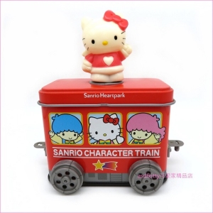 asdfkitty可愛家☆展示品出清(有泛黃)-KITTY可連結車車造型鐵製收納盒-不含內容食品-日本製