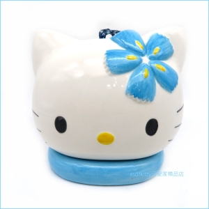 asdfkitty可愛家☆KITTY藍色小花大臉造型陶瓷印章收納座-附印泥-表面輕微龜裂.不影響使用-1999年絕版商品