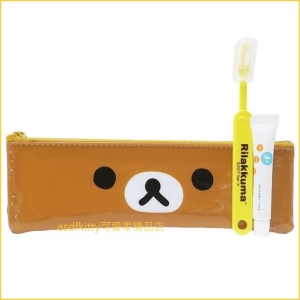 asdfkitty可愛家☆san-x拉拉熊兒童牙膏牙刷組+大臉收納袋-日本正版商品