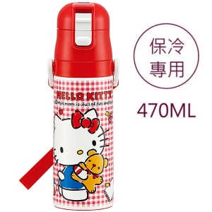 asdfkitty可愛家☆KITTY紅格小熊真空不鏽鋼超輕量保冷水壺-470ML-附背帶-SDC4-日本正版商品