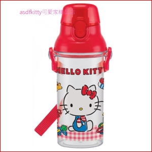asdfkitty可愛家☆KITTY透明紅格彈蓋直飲水壺-附背帶-480ML-PSB5TR-日本製