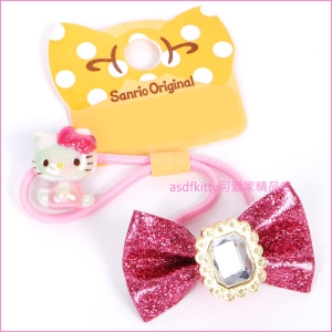 asdfkitty可愛家☆KITTY造型閃亮亮蝴蝶結彈力髮束/髮飾/髮圈-日本正版商品