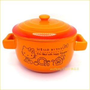 asdfkitty可愛家☆KITTY橘色雙耳有蓋陶瓷碗/泡麵碗/湯碗-可微波-香港正版商品