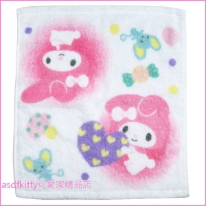 asdfkitty可愛家☆美樂蒂紫色愛心無燃系小毛巾/手帕-34*36公分-細緻的觸感.超優的吸水性-日本正版商品