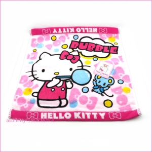 asdfkitty可愛家☆KITTY吹泡泡小毛巾/擦手巾/手帕-34*35公分-日本正版商品