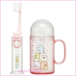 asdfkitty可愛家☆角落精靈/角落生物粉水玉兒童牙刷漱口杯隨身組-日本正版商品