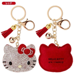 asdfkitty可愛家☆KITTY紅色大臉造型閃亮亮麂皮鑰匙圈/吊飾/掛飾-日本正版商品