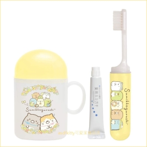asdfkitty可愛家☆日本san-x角落生物/角落精靈黃色花圈兒童牙刷牙膏漱口杯隨身組-日本製