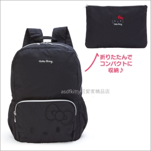 asdfkitty可愛家☆KITTY黑色大臉可折疊收納後背包-附收納袋-日本正版商品