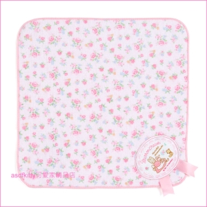 asdfkitty可愛家☆茉莉兔粉玫瑰小熊純棉圓角小方巾/手帕-25*25公分-日本正版商品