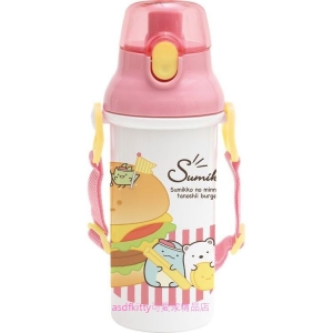 asdfkitty可愛家☆日本san-x角落生物粉紅色漢堡彈蓋直飲水壺-480ML-附背帶-日本製