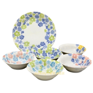 asdfkitty可愛家☆迪士尼米奇米妮花朵6入陶瓷碗盤組(大圓盤*1＋湯碗*5)-點心碗/沙拉碗-日本製