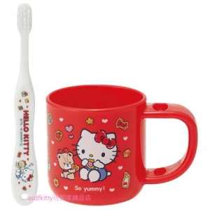 asdfkitty*KITTY紅色泰迪熊兒童牙刷＋漱口杯-日本正版商品