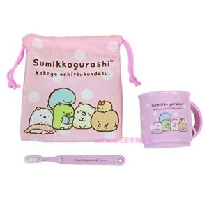 asdfkitty*日本san-x角落生物粉紅色兒童牙刷＋漱口杯＋束口收納袋-日本正版商品