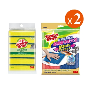 3M 菜瓜布抹布超值組 (百利 爐具/鍋具專用海綿菜瓜布6片裝＋魔巾加大型抹布2入/2包)