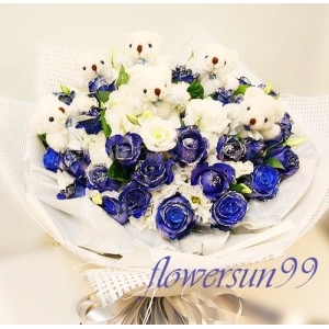 【情人節花束】藍色香頌+6枝小熊