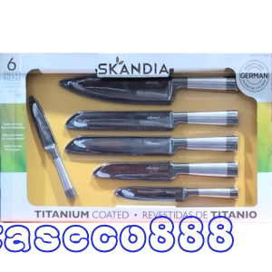 華美小舖-[主動開發票購物有保障] SKANDIA 不鏽鋼刀具六件組 刀面以鈦金屬包覆 每把刀具均附有保養套 主廚刀,切片刀,麵包刀三種均為20.3公分 三德刀15.2公分 萬用刀12.7公分 削皮刀8.9公分 免運費 壹盒價