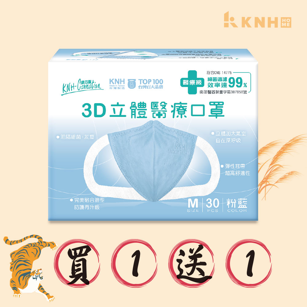 康乃馨醫療立體口罩-粉藍30片裝(6盒/箱)